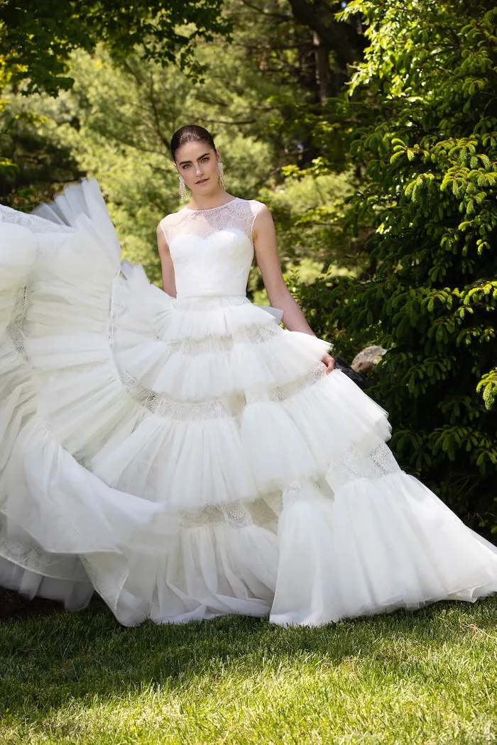 Lace and Tulle Cascading Tiered Gown