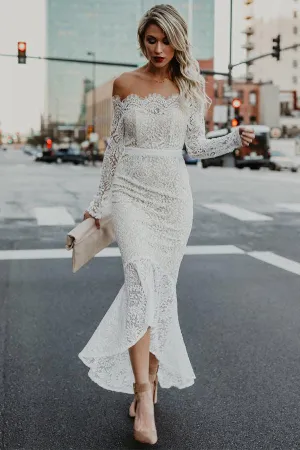 Lace Mermaid Off Shoulder High Low Long Sleeves Wedding Dresses, MW1025