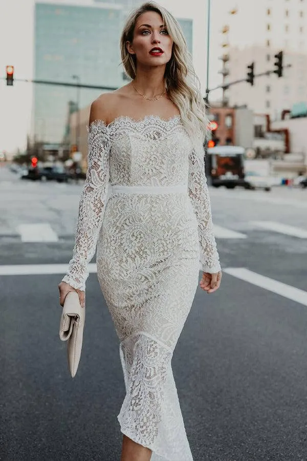 Lace Mermaid Off Shoulder High Low Long Sleeves Wedding Dresses, MW1025