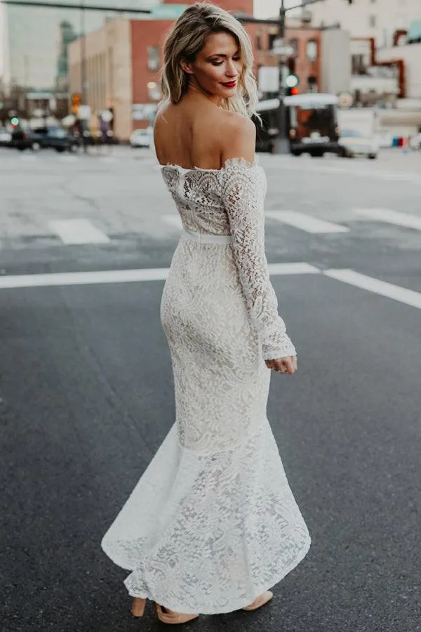 Lace Mermaid Off Shoulder High Low Long Sleeves Wedding Dresses, MW1025