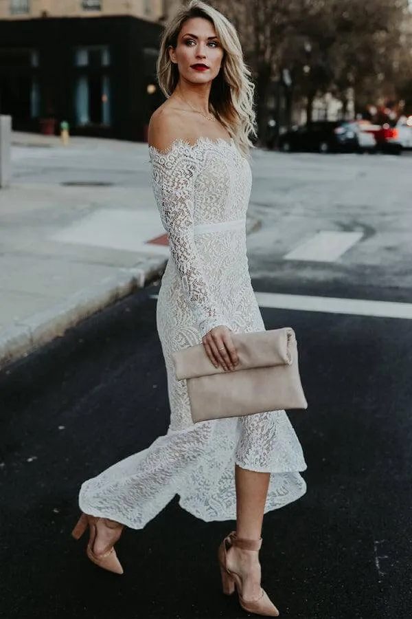 Lace Mermaid Off Shoulder High Low Long Sleeves Wedding Dresses, MW1025