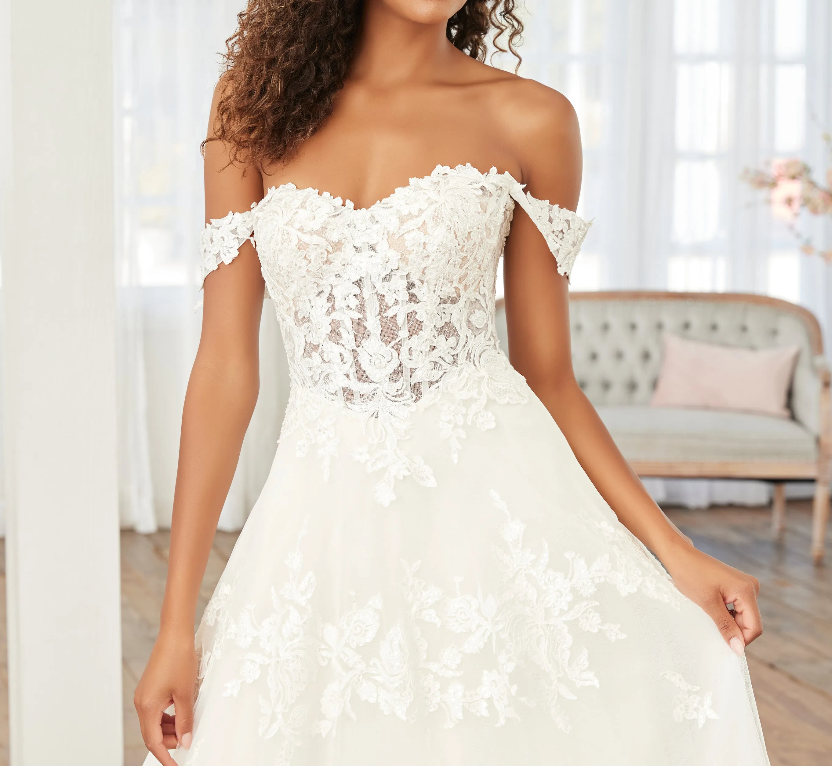 Lace Off-The-Shoulder A-Line Gown With Detachable Sleeves In Ivory Ivory Nude