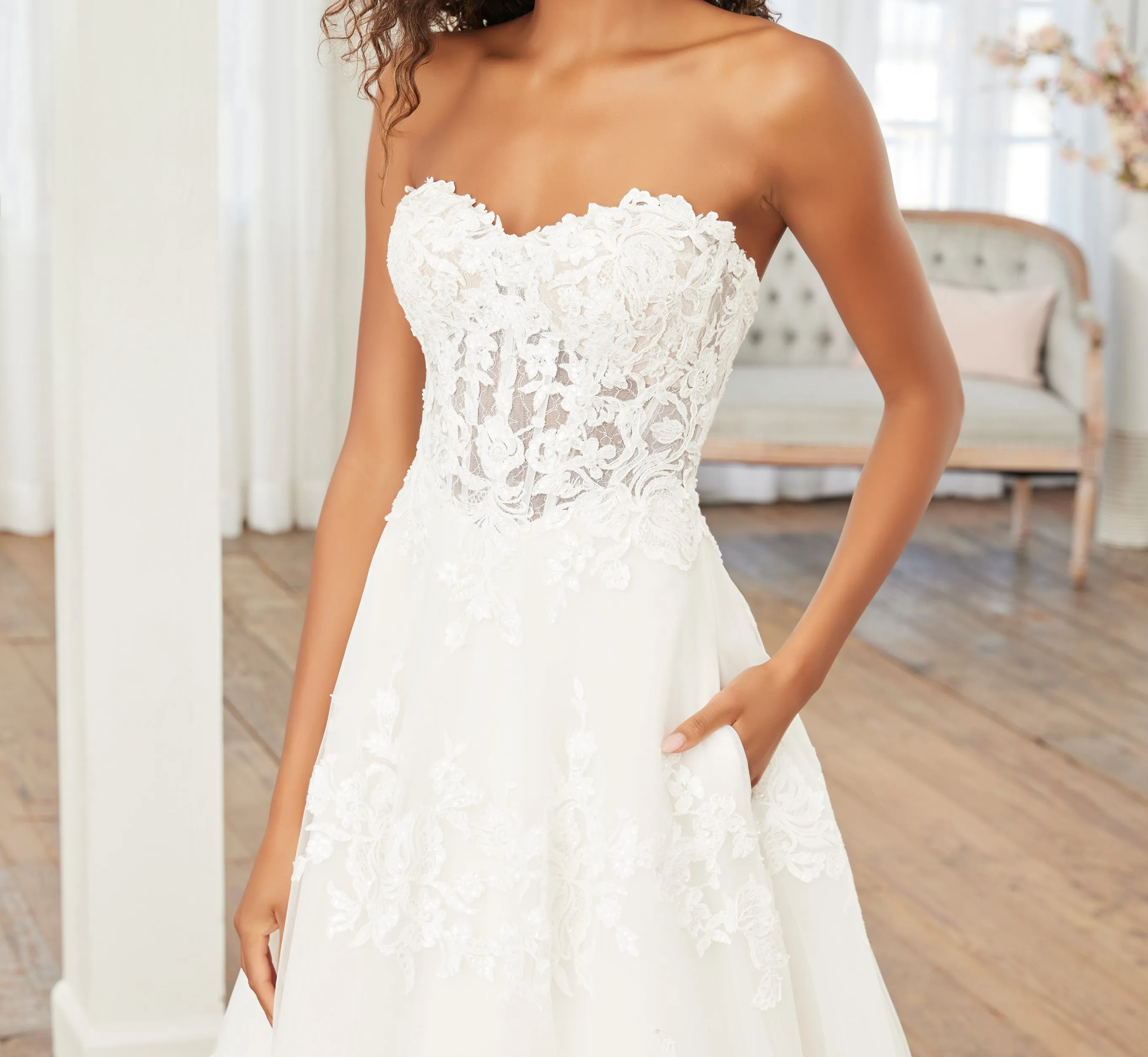 Lace Off-The-Shoulder A-Line Gown With Detachable Sleeves In Ivory Ivory Nude