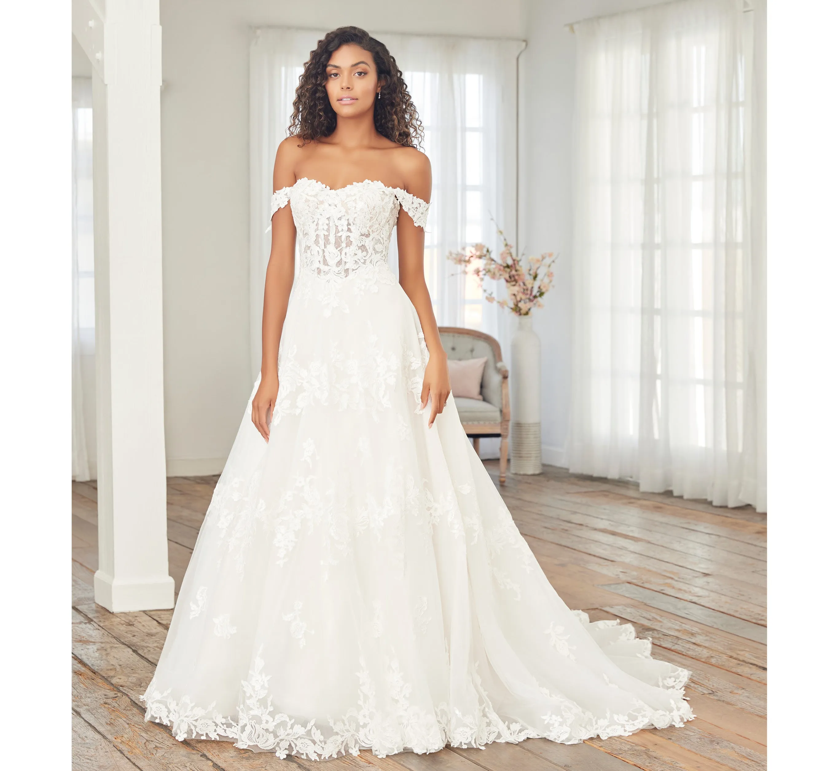 Lace Off-The-Shoulder A-Line Gown With Detachable Sleeves In Ivory Ivory Nude