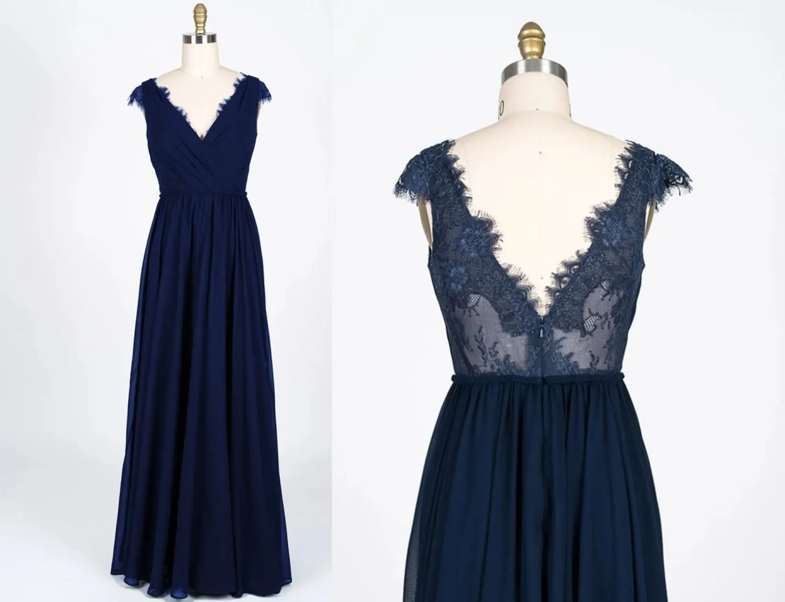 Lace Scalloped V-Neck Navy Chiffon Bridesmaid Dress, Braided Belt