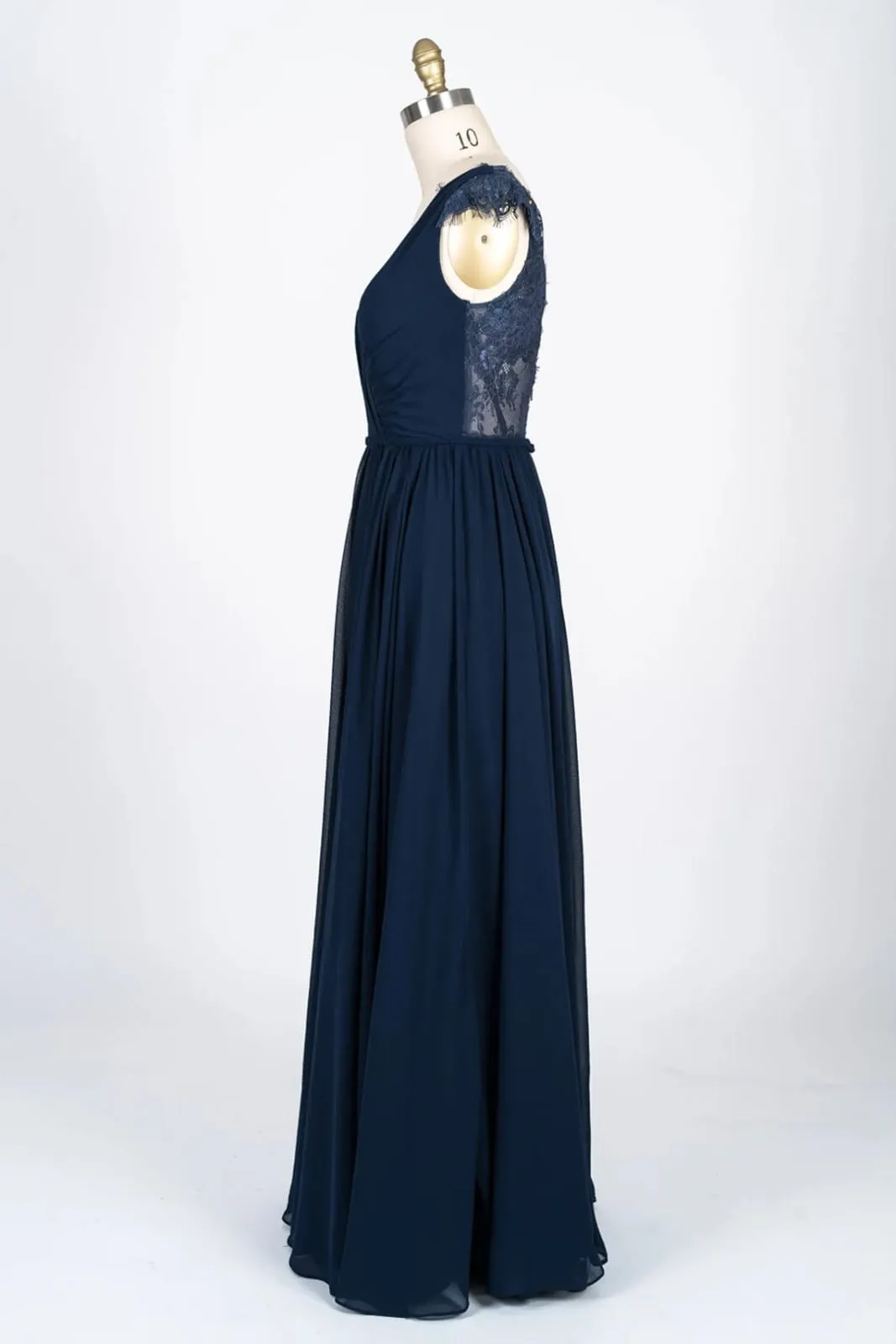 Lace Scalloped V-Neck Navy Chiffon Bridesmaid Dress, Braided Belt
