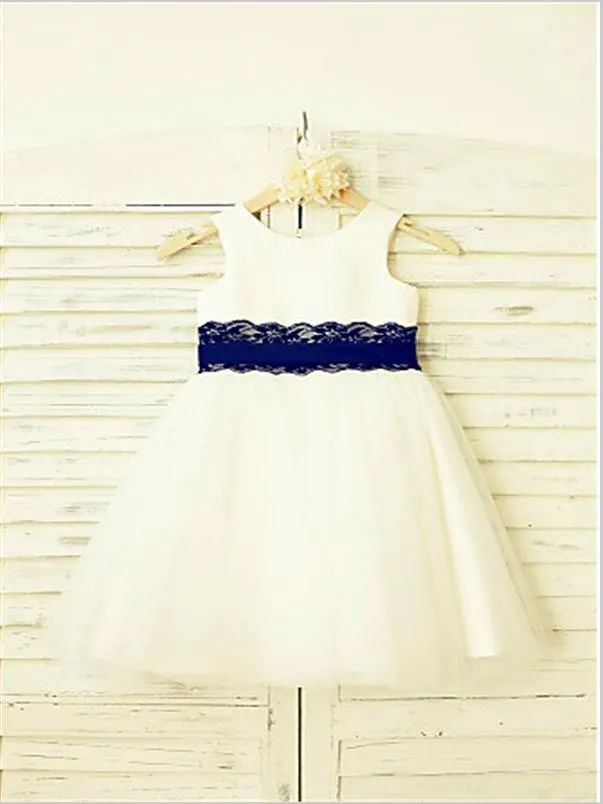 Lace Tulle Princess Scoop Sleeveless Flower Girl Dresses Tea Length Dress