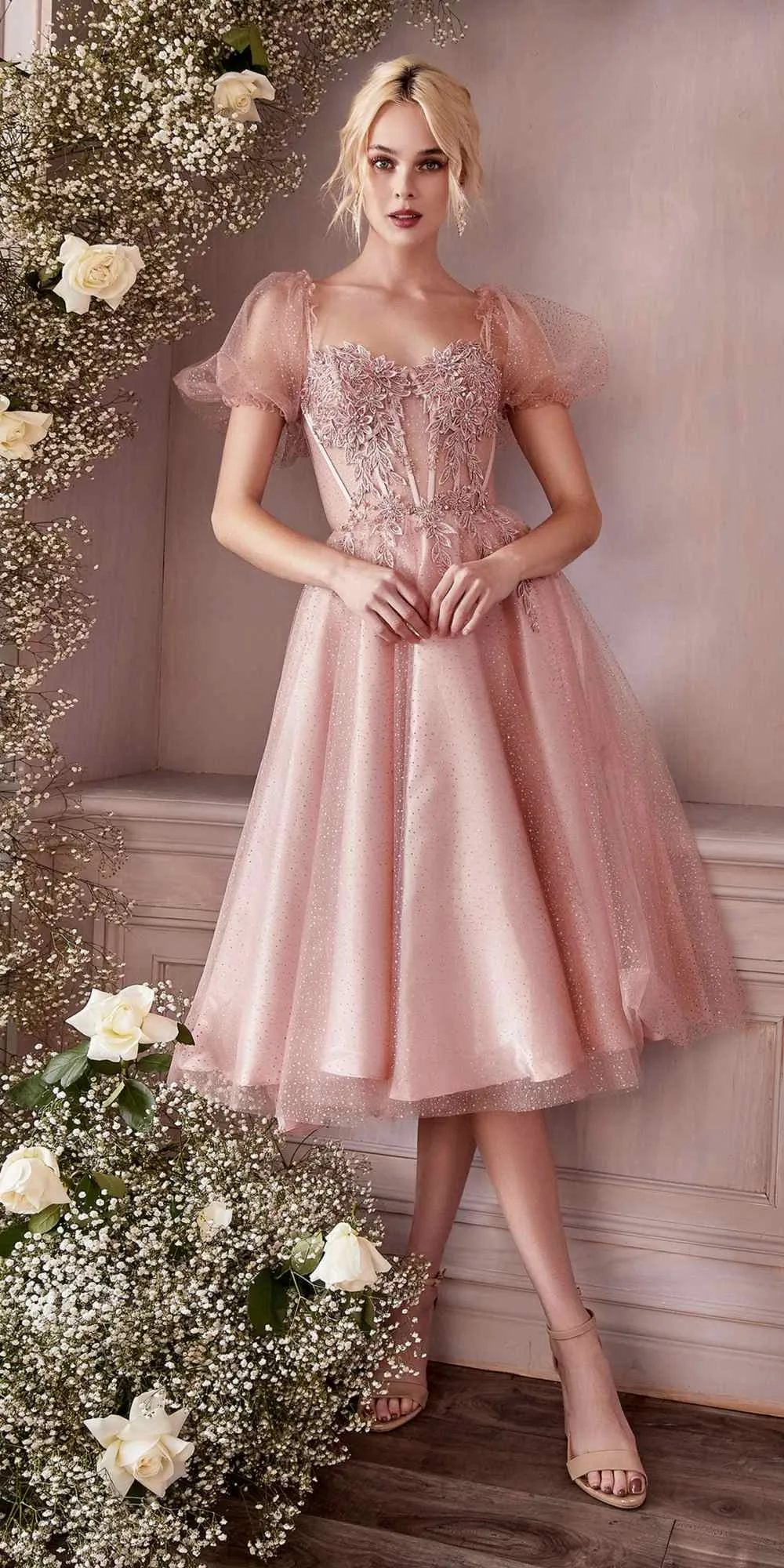 Ladivine CD0187W Tea Length Layered Tulle Dress with Short Puff Sleeves