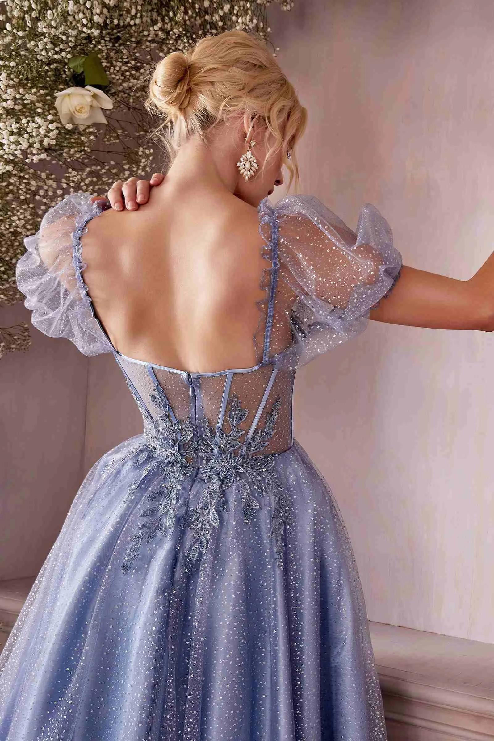 Ladivine CD0187W Tea Length Layered Tulle Dress with Short Puff Sleeves