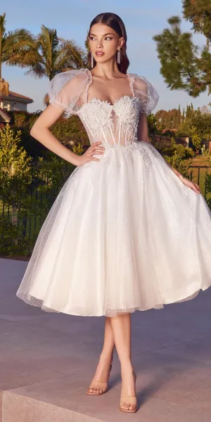 Ladivine CD0187W Tea Length Layered Tulle Dress with Short Puff Sleeves