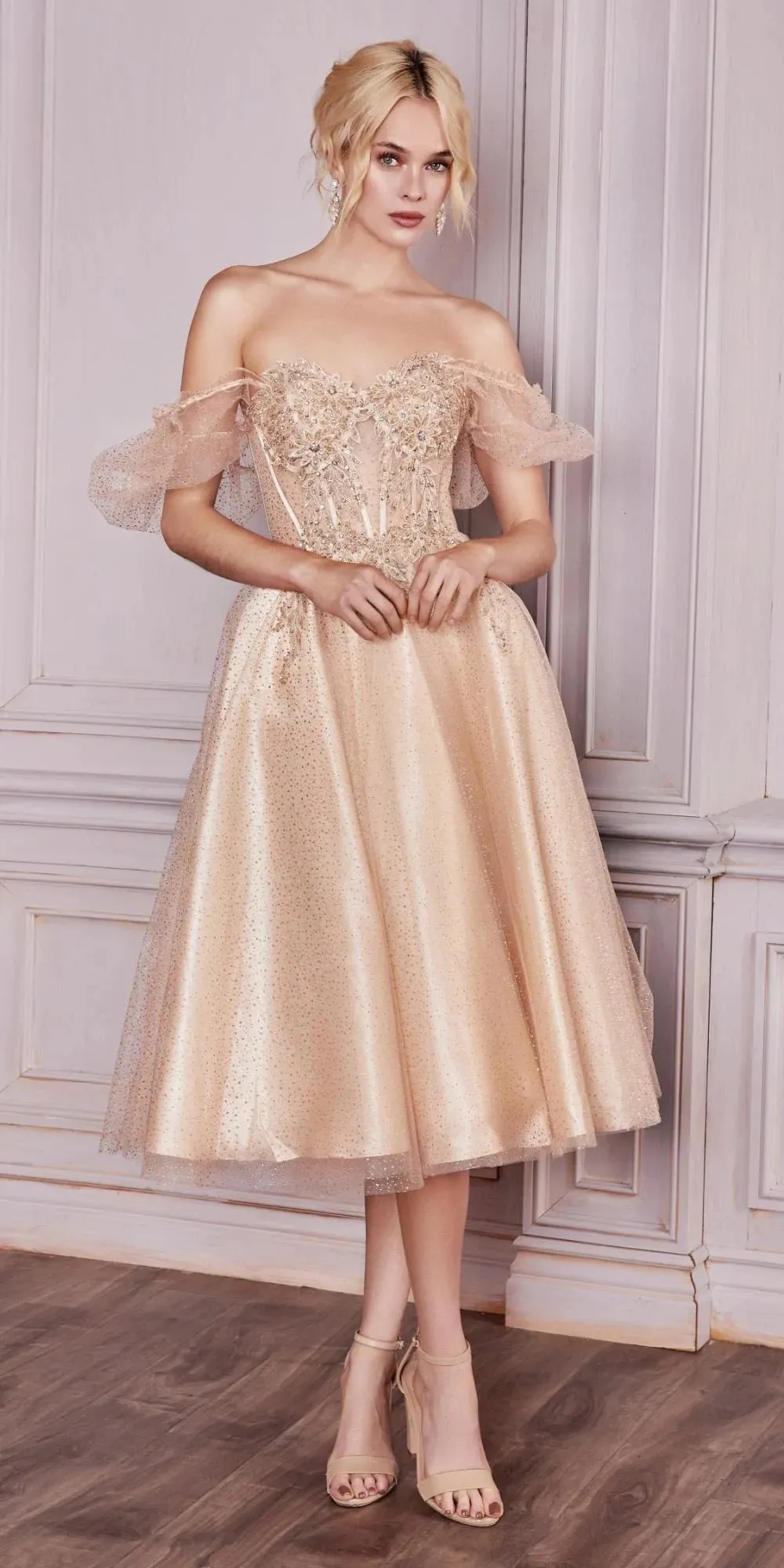 Ladivine CD0187W Tea Length Layered Tulle Dress with Short Puff Sleeves
