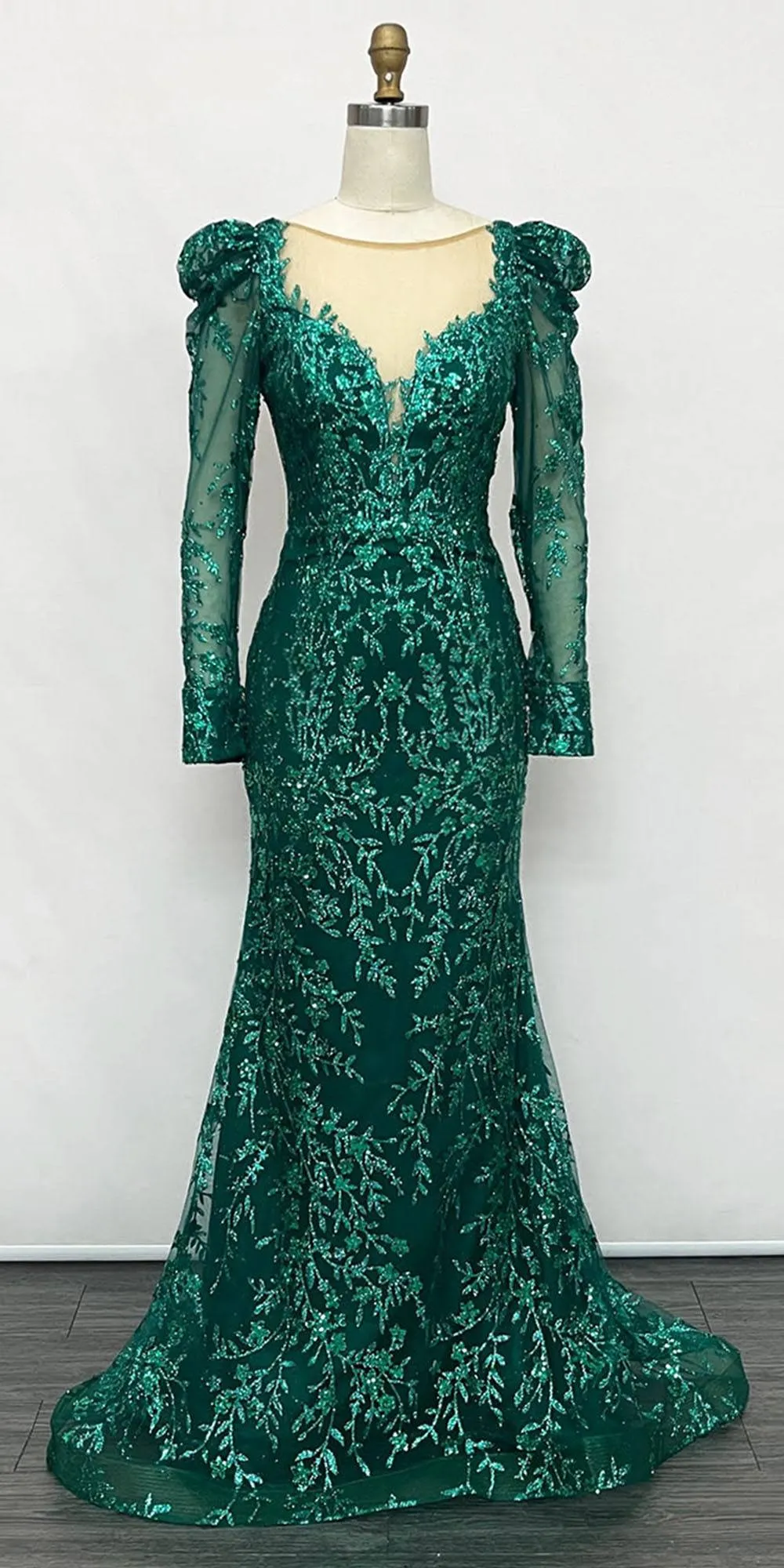 Ladivine CD989 Floor Length Glitter Print Dress with Long Sleeves