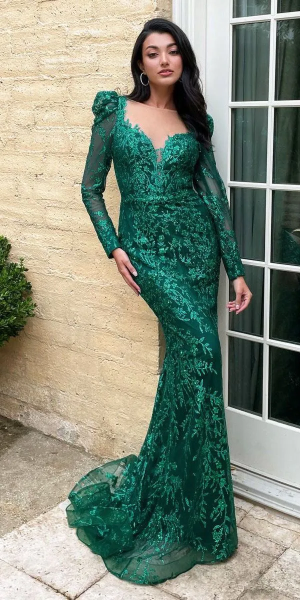Ladivine CD989 Floor Length Glitter Print Dress with Long Sleeves