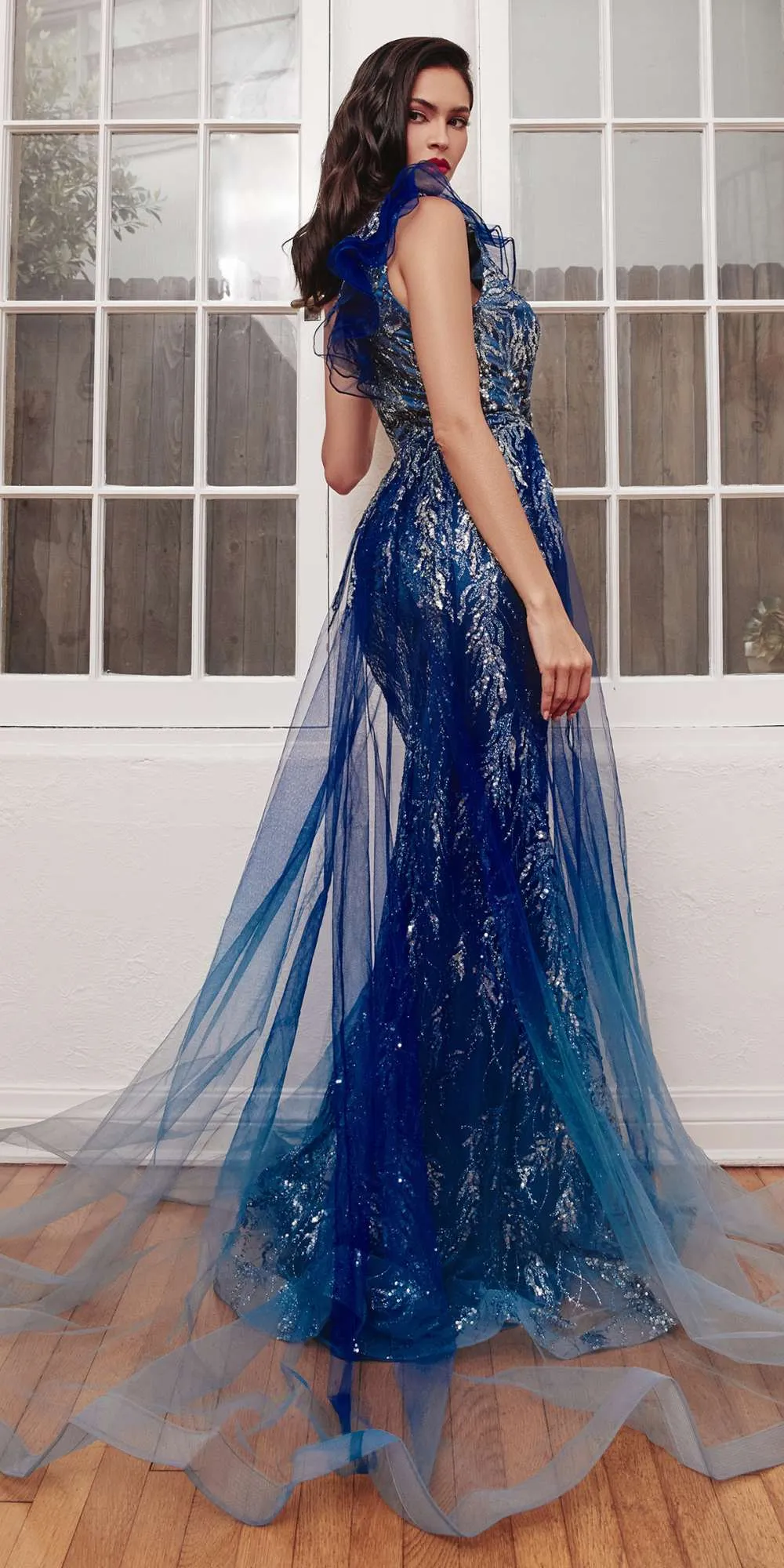 Ladivine J851 Floor Length One Shoulder Gown with Over Skirt