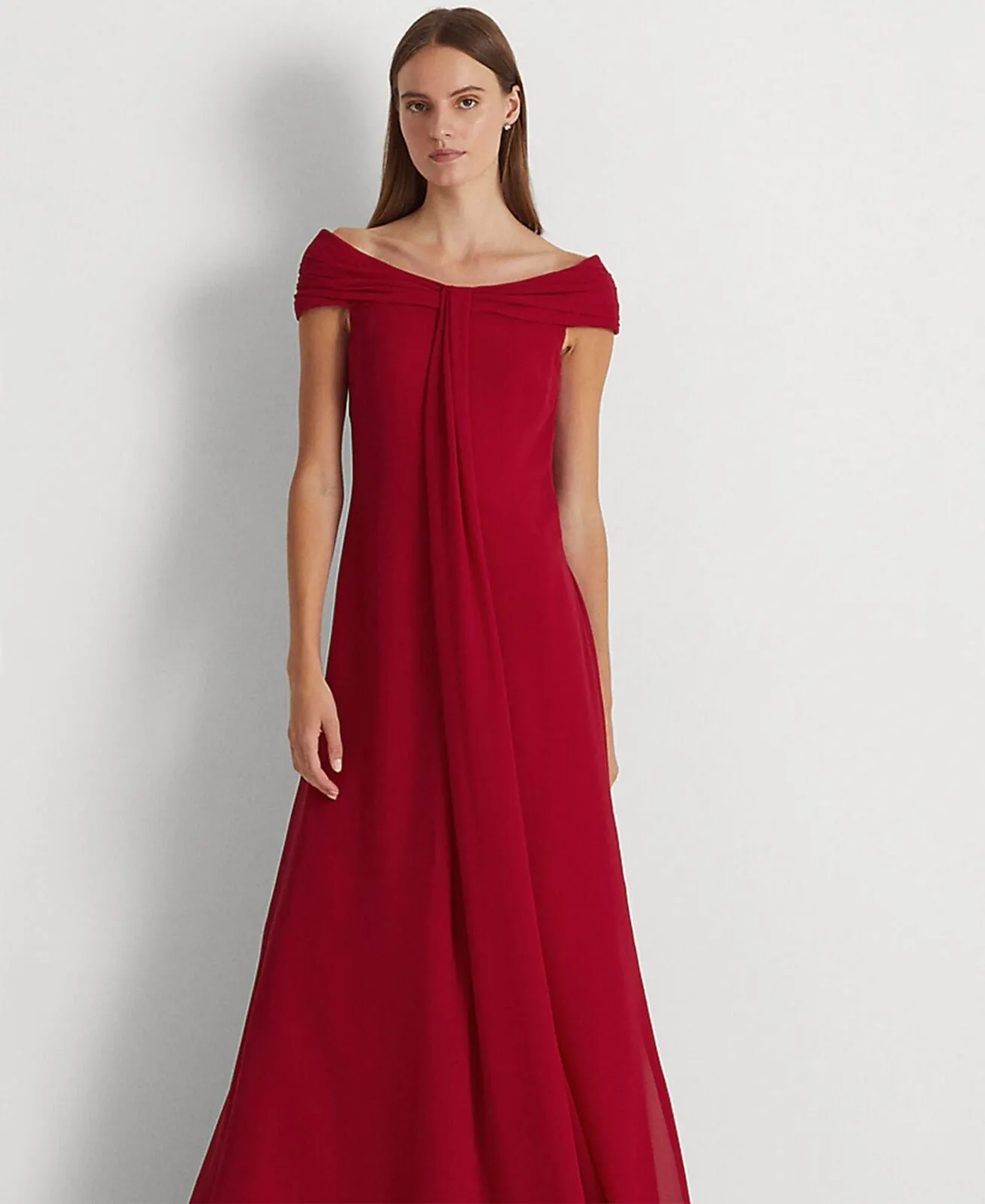 Lauren Ralph Lauren Womens Off-the-Shoulder Chiffon Gown 253882146001 Red 10