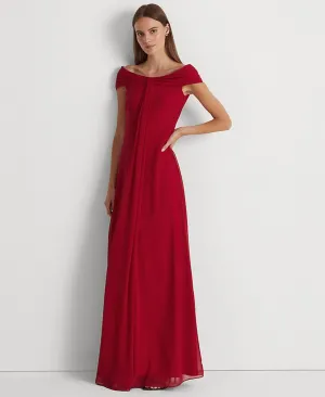 Lauren Ralph Lauren Womens Off-the-Shoulder Chiffon Gown 253882146001 Red 10