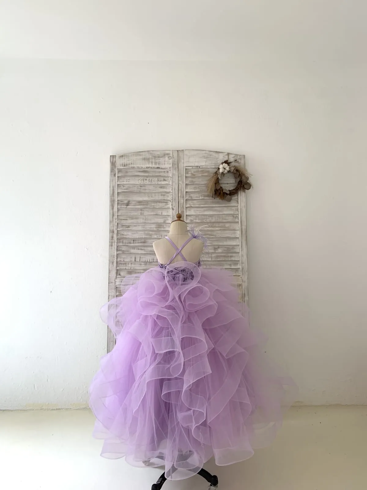 Lavender Lace Tulle Feathers/Horsehair Wedding Flower Girl Dress Kids Pageant Gown