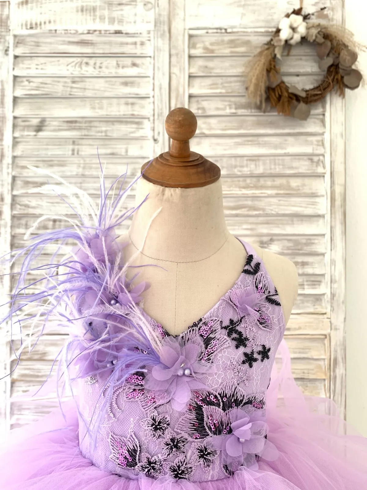 Lavender Lace Tulle Feathers/Horsehair Wedding Flower Girl Dress Kids Pageant Gown