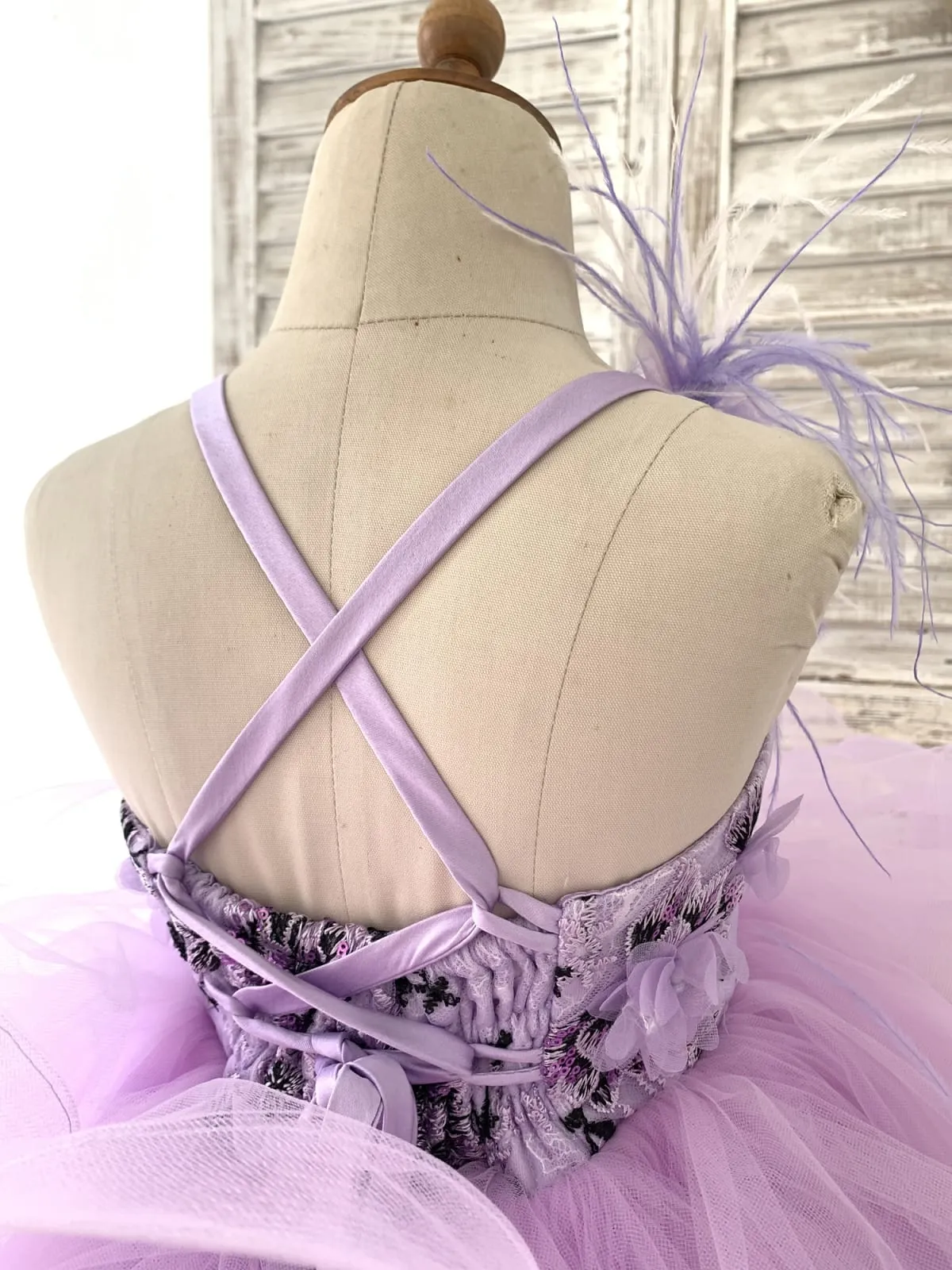 Lavender Lace Tulle Feathers/Horsehair Wedding Flower Girl Dress Kids Pageant Gown