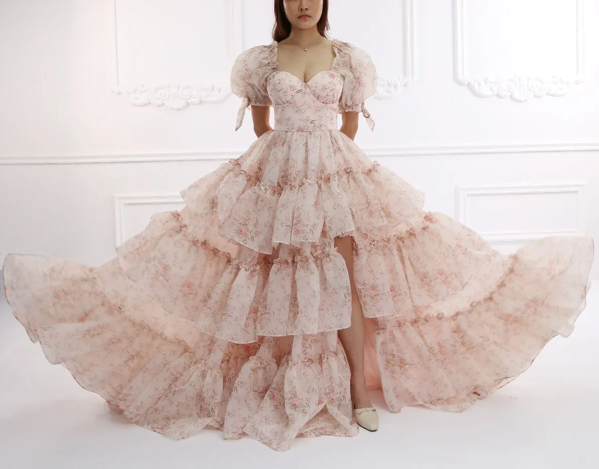 Layered ruffles Printing Floral Prom Gown Evening Party Dress Photo Shoots Dress Outfits YW231129
