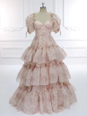 Layered ruffles Printing Floral Prom Gown Evening Party Dress Photo Shoots Dress Outfits YW231129