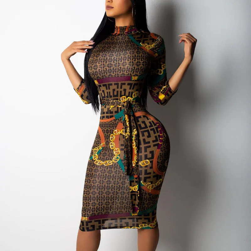 Letter Print Lace Bodycon Midi Dress