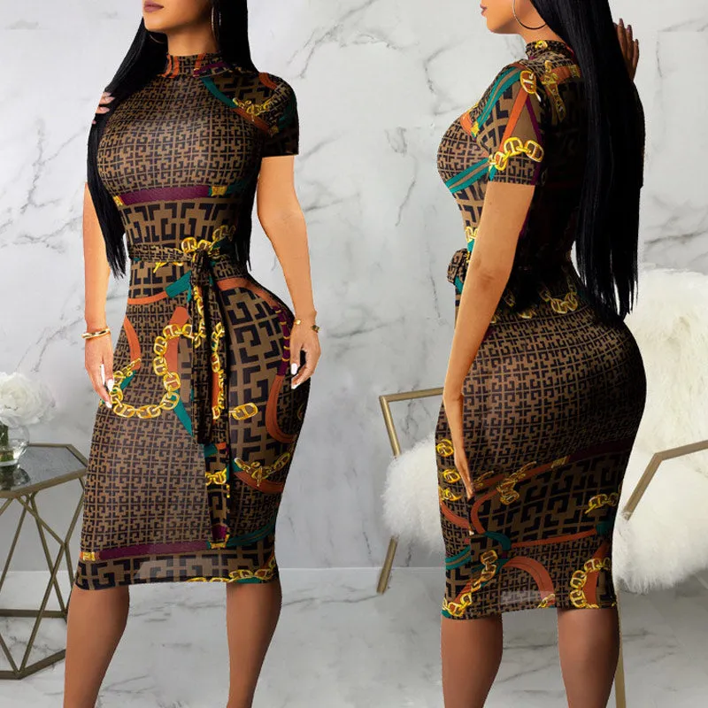 Letter Print Lace Bodycon Midi Dress