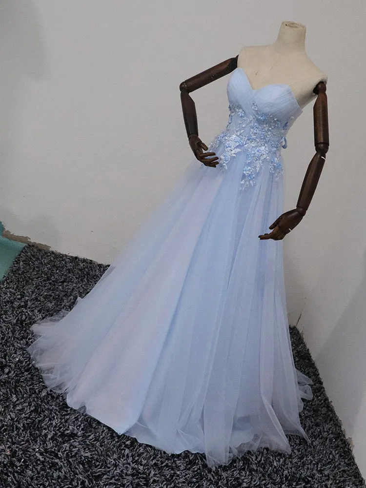 Light Blue Sweetheart Floor Length Long Prom Dress 2022, Blue Evening Dress Party Dress