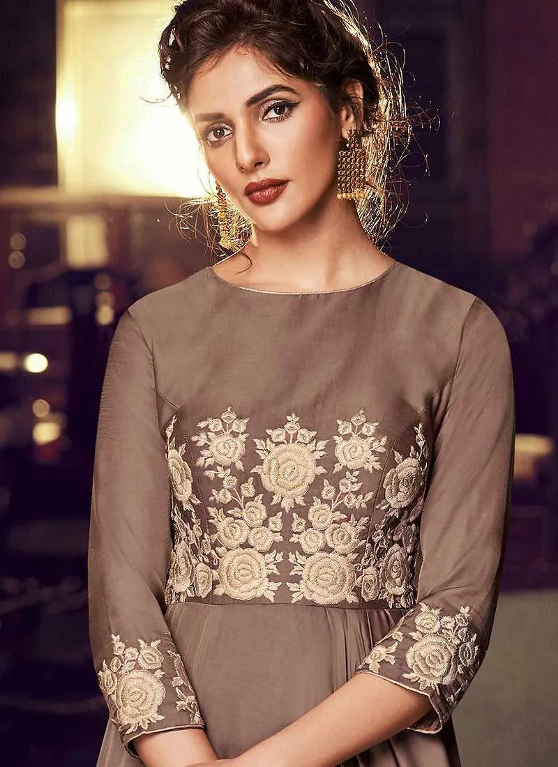 Light Brown Embroidered Anarkali Style Gown