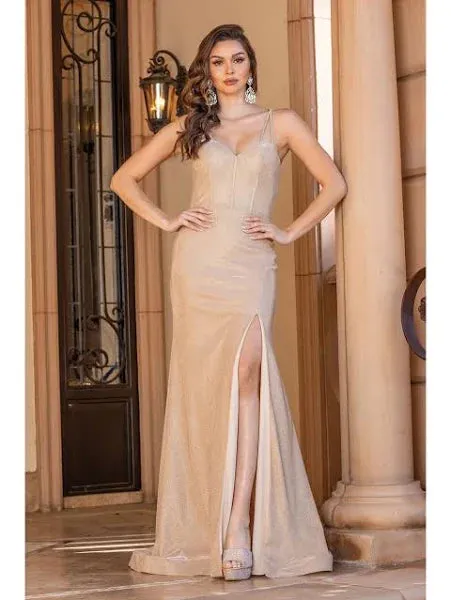 Long Glittery Gown with Spaghetti Straps & Side Slit