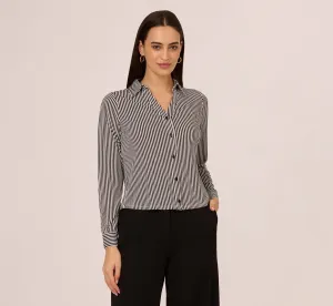 Long Sleeve Cropped Striped Blouse In Black Ivory Small Stripe