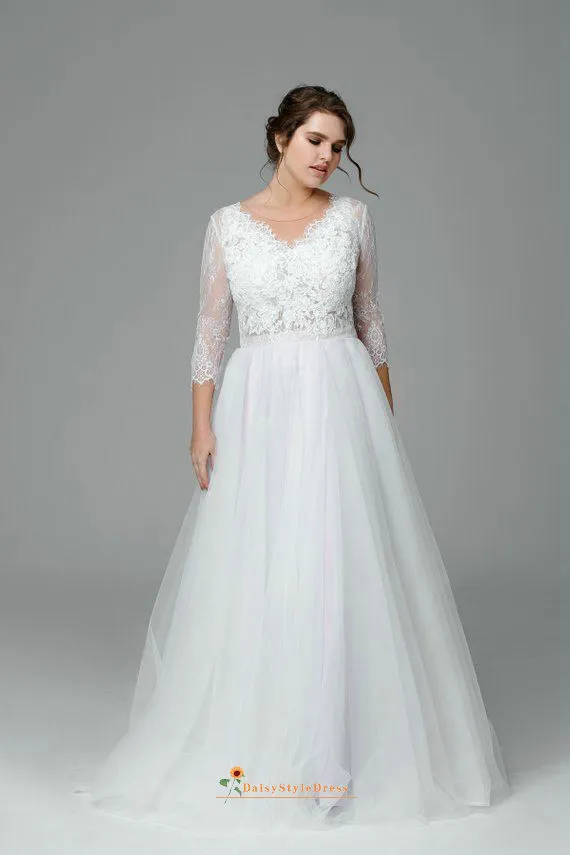 Long Sleeve Illusion Lace Plus Size Wedding Dress