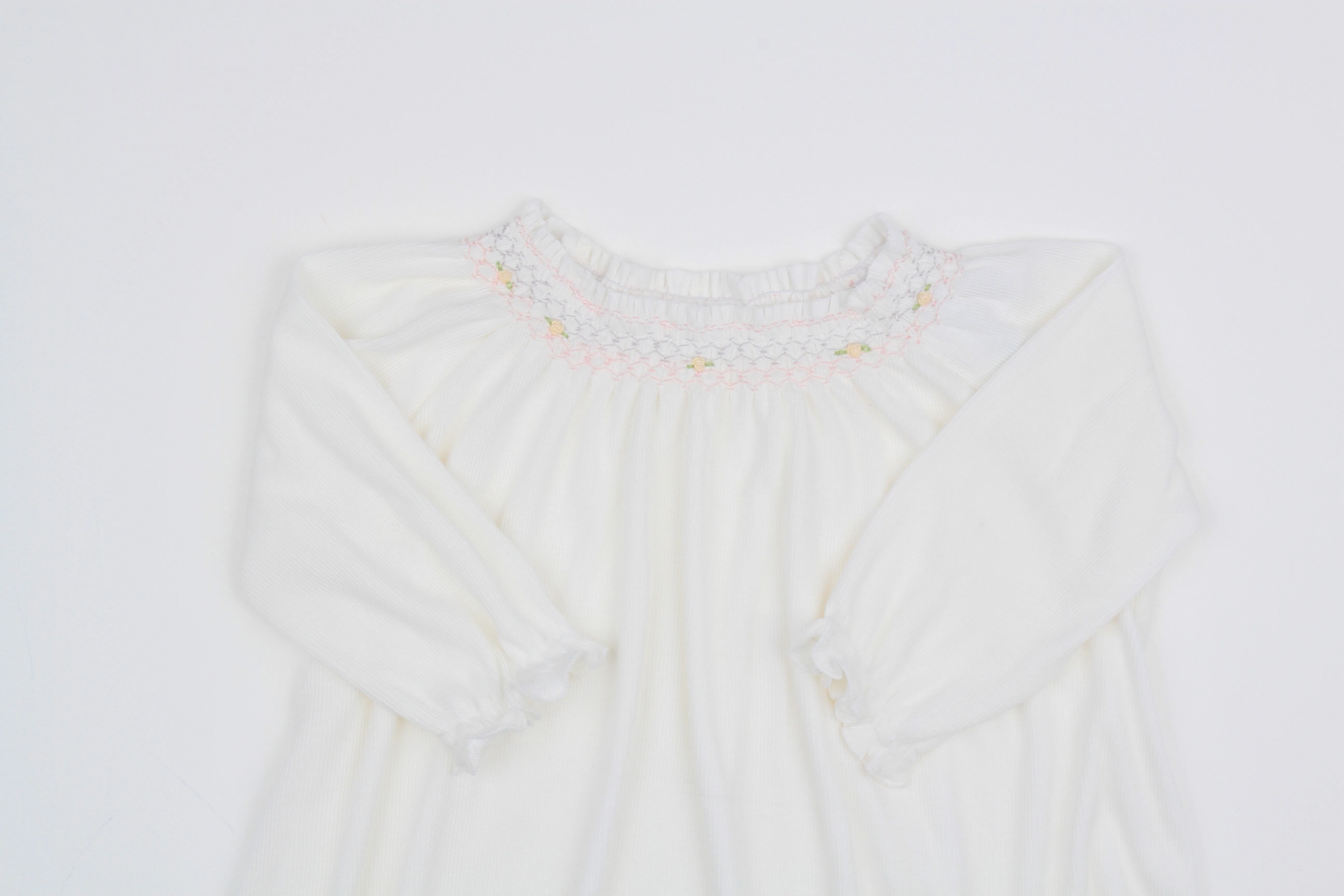 Long Sleeve Smocked Rib Day Gown, White