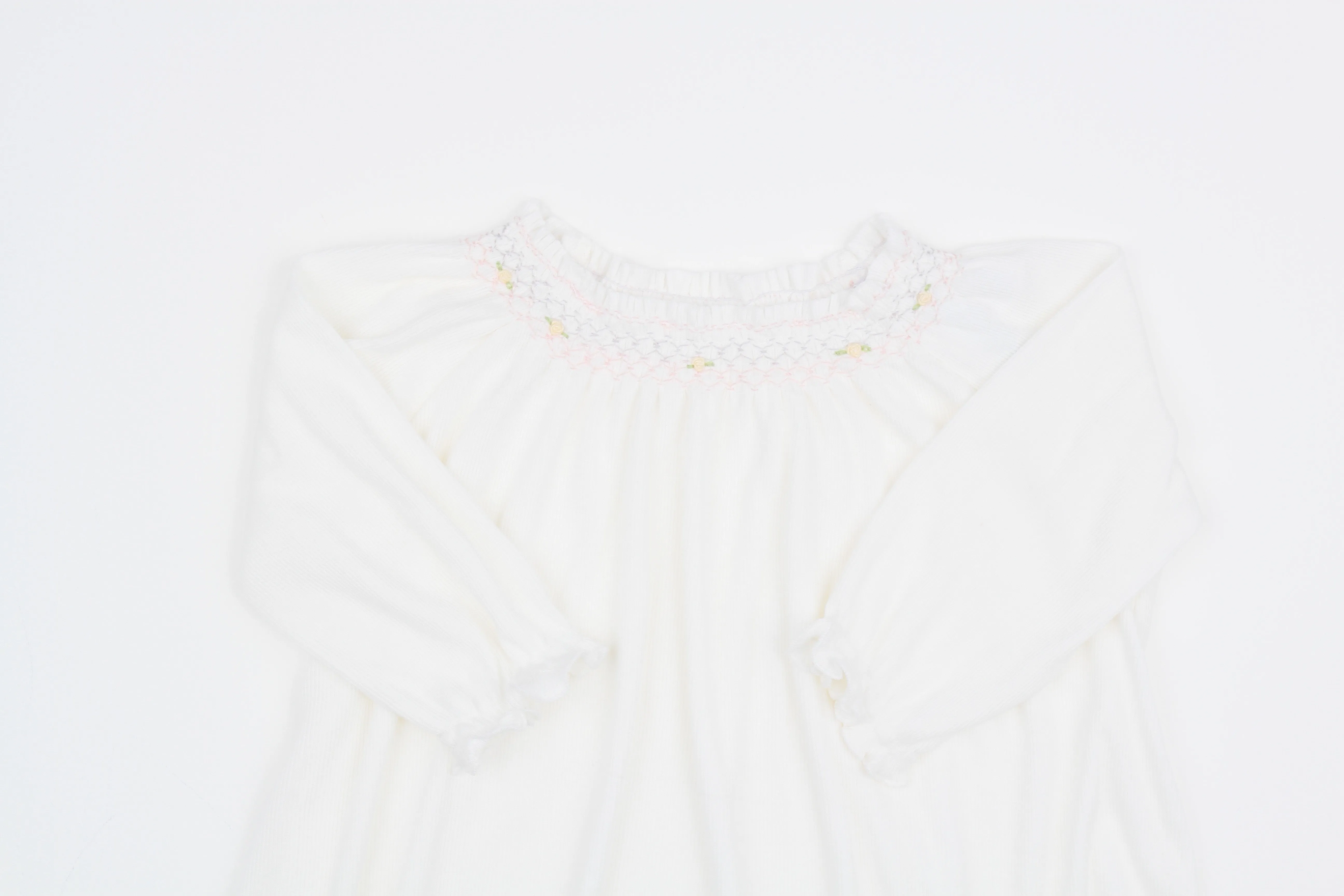 Long Sleeve Smocked Rib Day Gown, White
