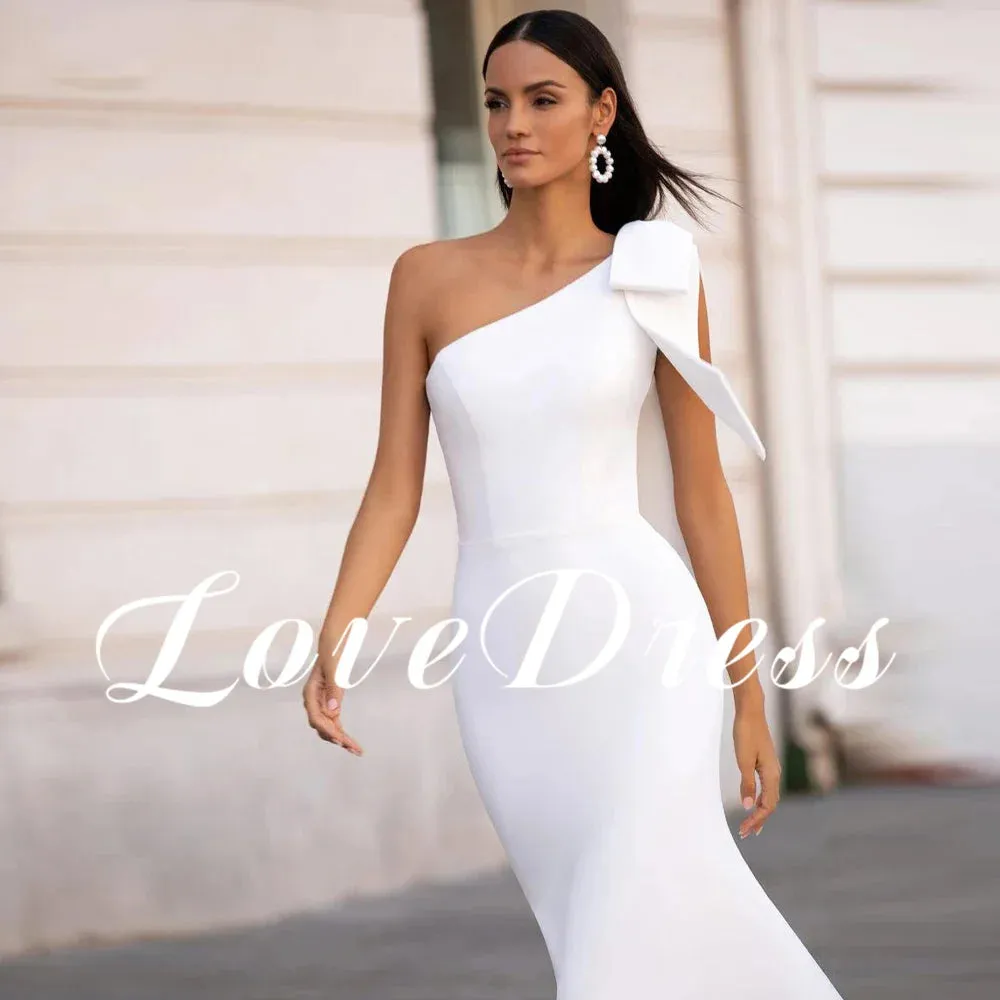 Love Simple One Shoulder Big Bow Meimaid Stain Wedding Dress Elegant