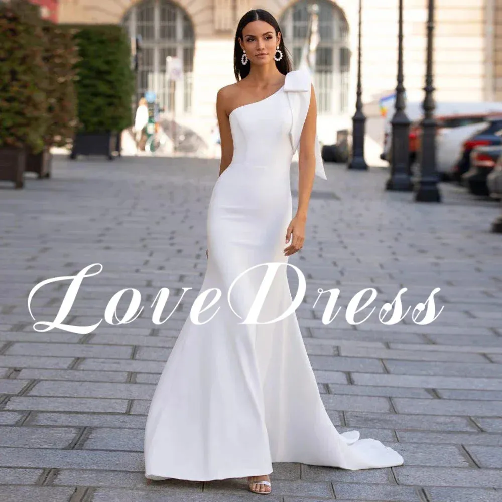 Love Simple One Shoulder Big Bow Meimaid Stain Wedding Dress Elegant