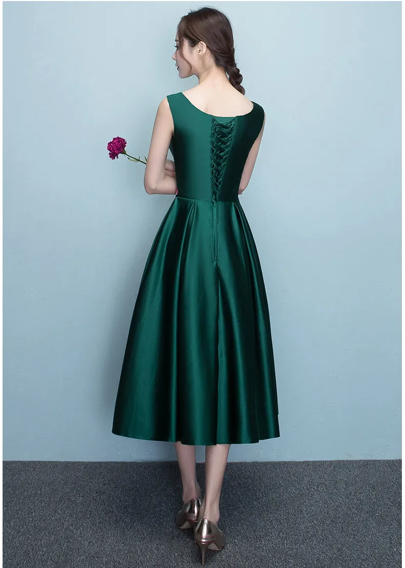 Lovely Dark Green Tea Length Simple Satin Bridesmaid Dress, Green Formal Dress Party Dress