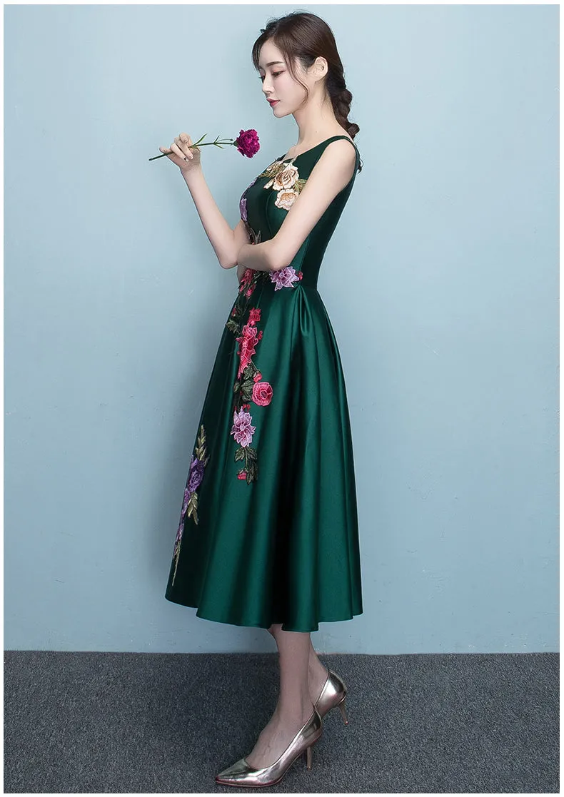 Lovely Dark Green Tea Length Simple Satin Bridesmaid Dress, Green Formal Dress Party Dress