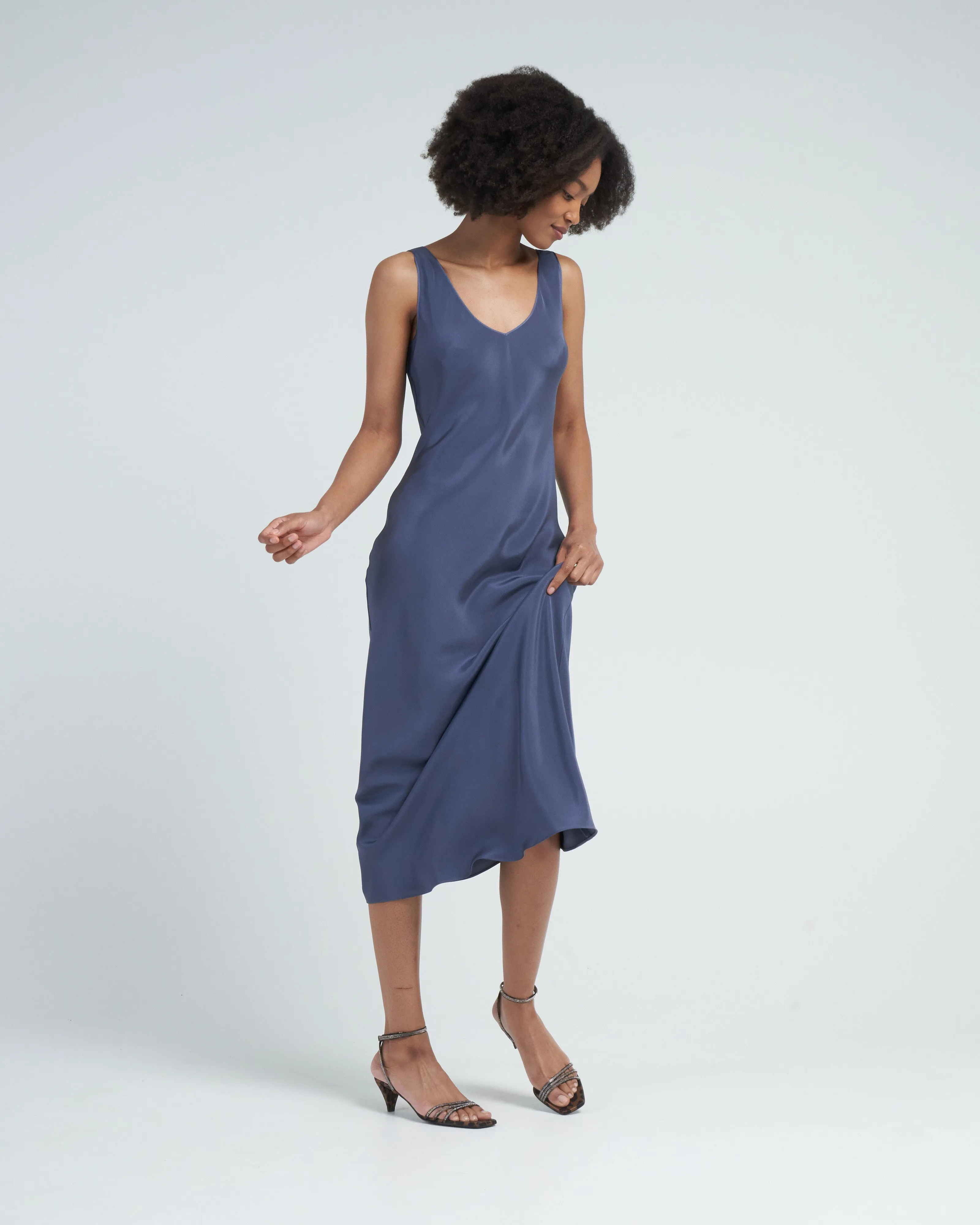 low back tea length dress - denim