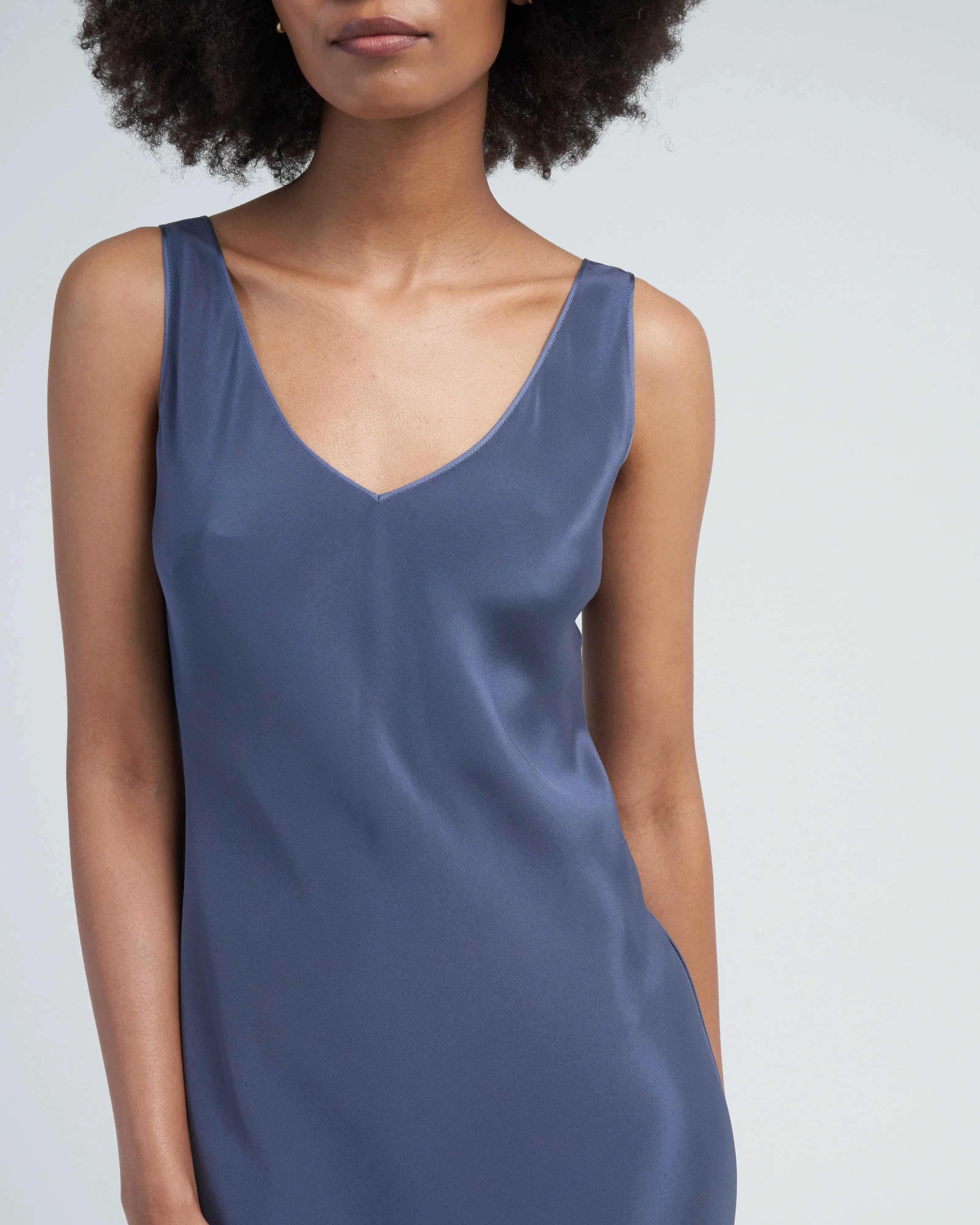 low back tea length dress - denim