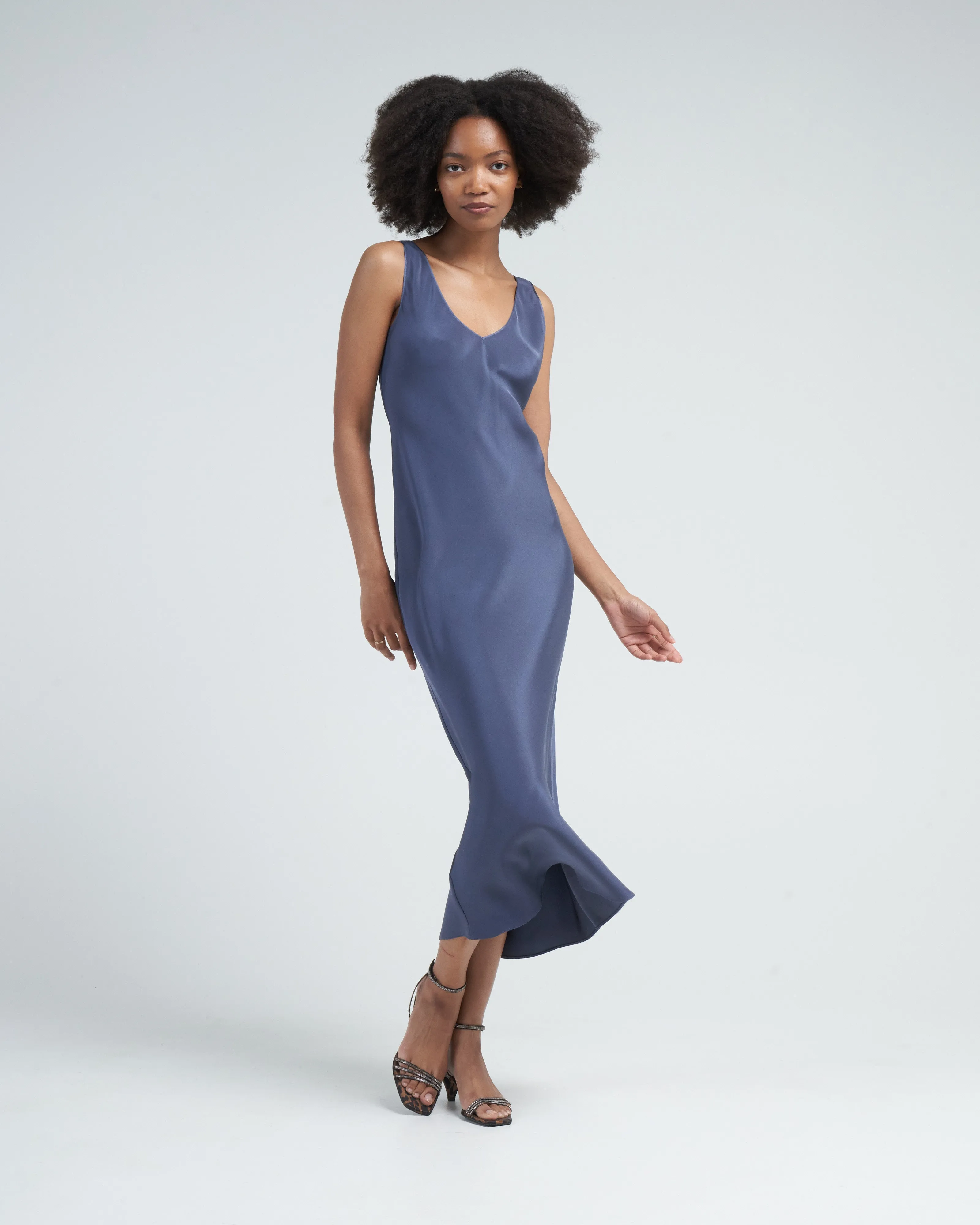 low back tea length dress - denim