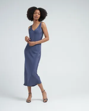 low back tea length dress - denim