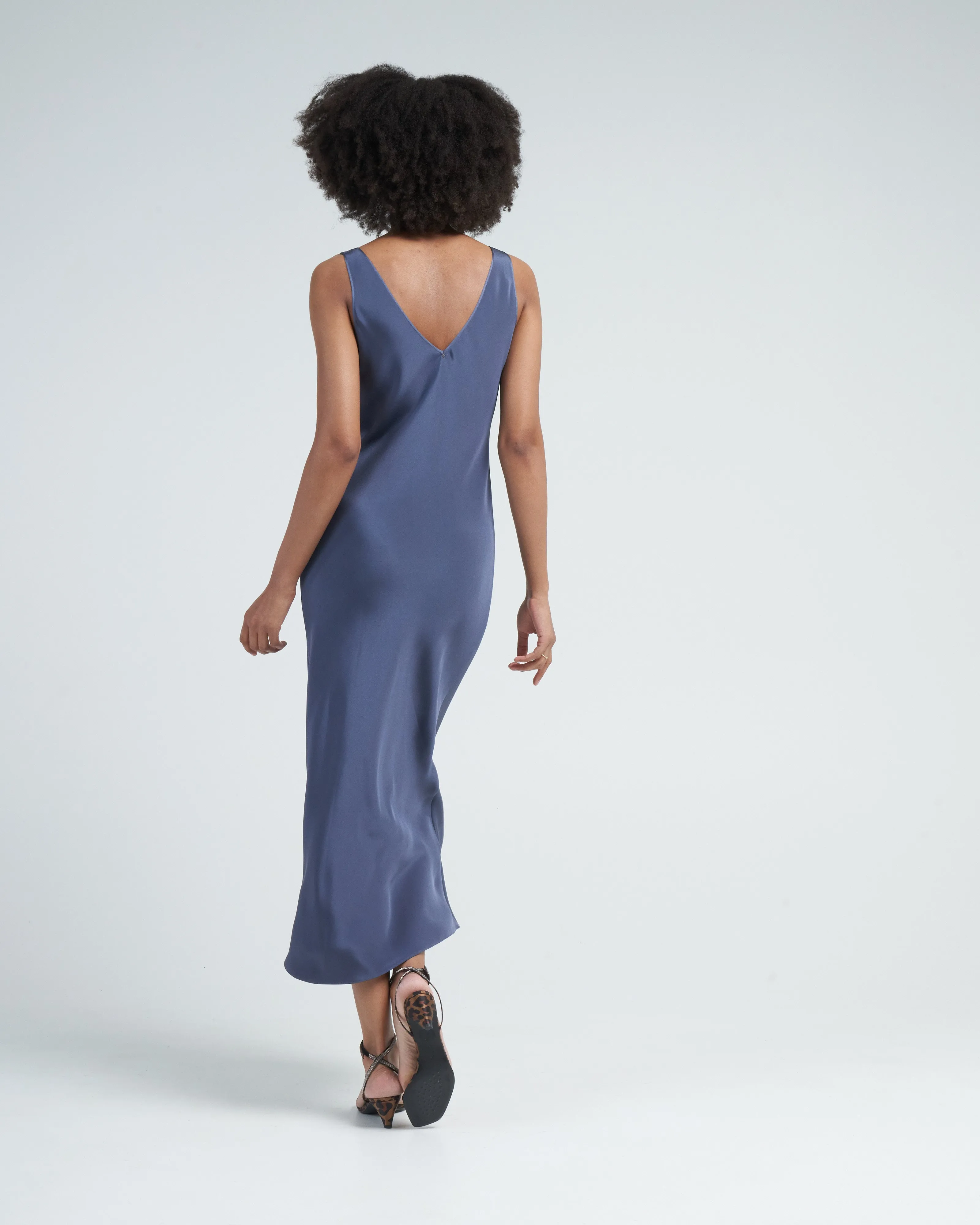 low back tea length dress - denim