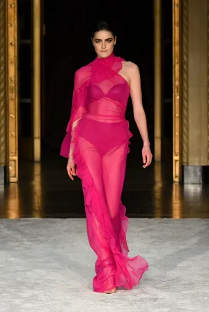 Luminous Pink Mock Neck Ruffled Detail Gown