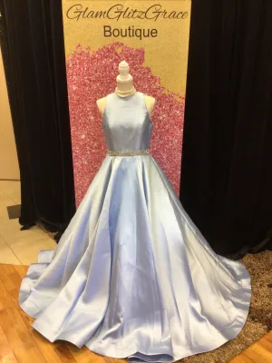 Mac Duggal Long Powder Blue High Neck Gown With Rhinestones