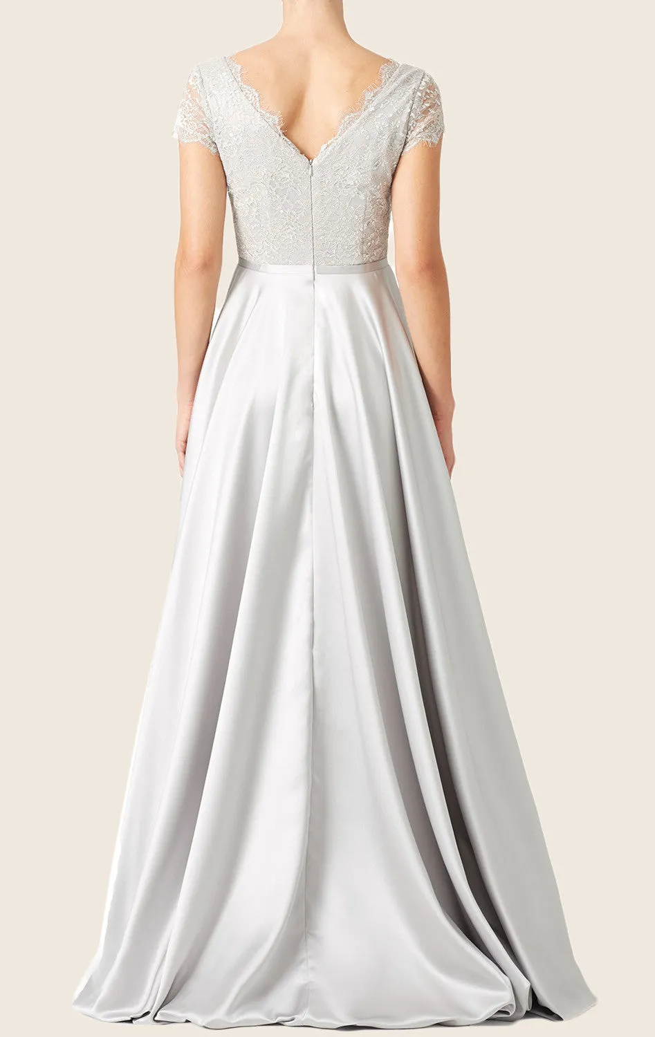 MACloth Cap Sleeves Lace Satin Formal Evening Gown Silver Wedding Party Dress