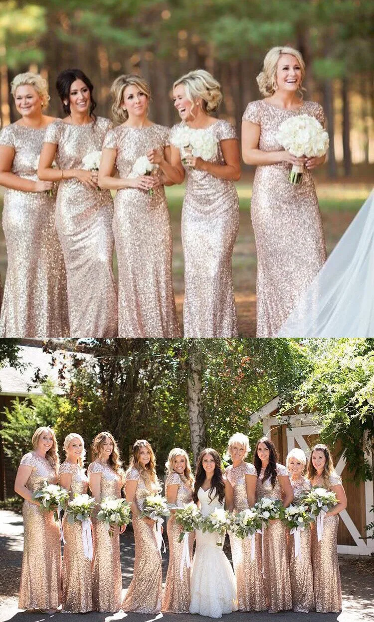 MACloth Cap Sleeves Long Sequin Evening Gown Dark Navy Bridesmaid Dress