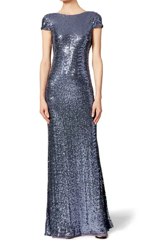 MACloth Cap Sleeves Long Sequin Evening Gown Dark Navy Bridesmaid Dress