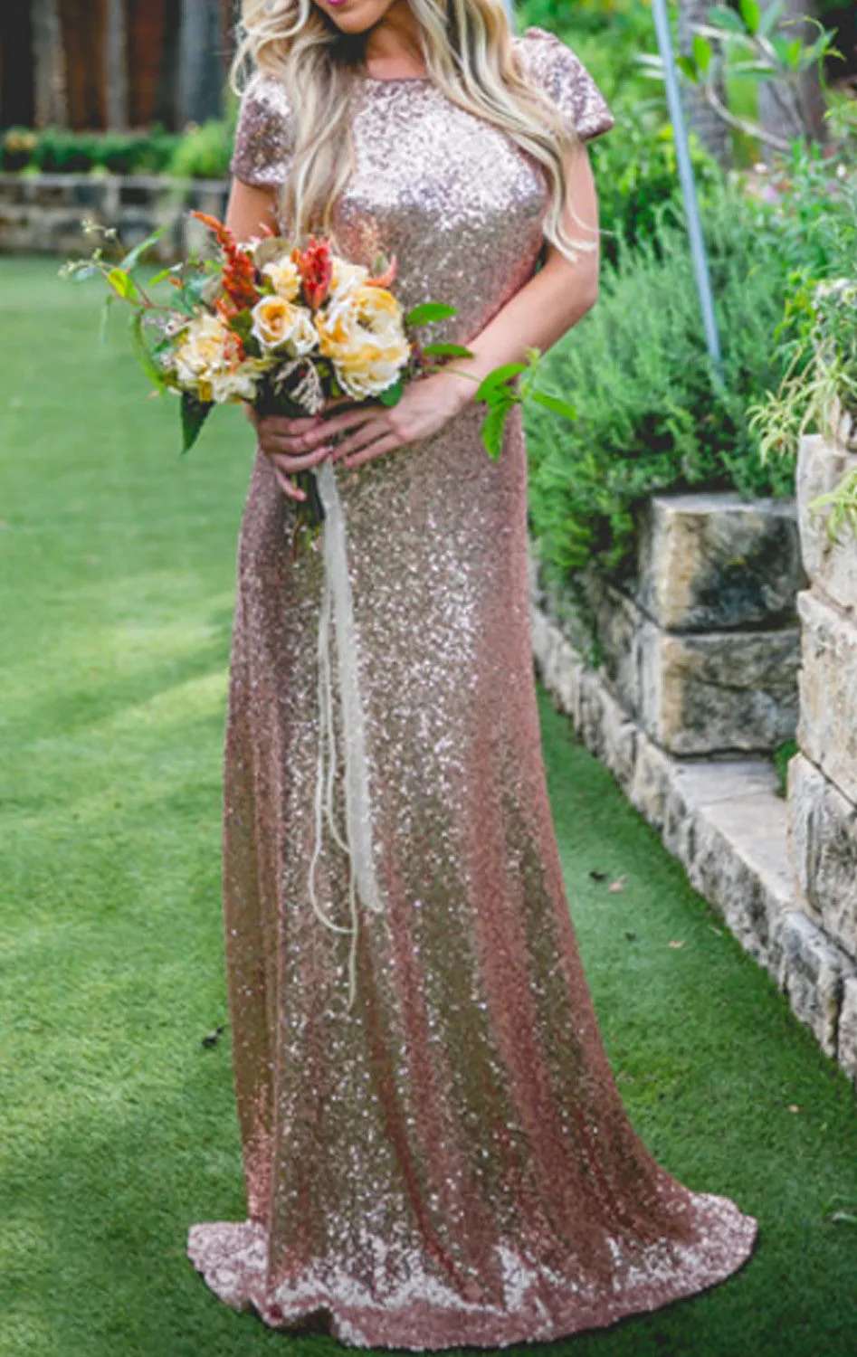 MACloth Cap Sleeves Long Sequin Evening Gown Dark Navy Bridesmaid Dress