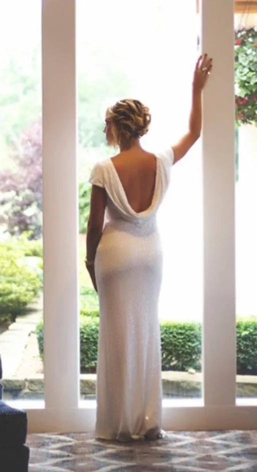 MACloth Cap Sleeves Long Sequin Evening Gown Dark Navy Bridesmaid Dress